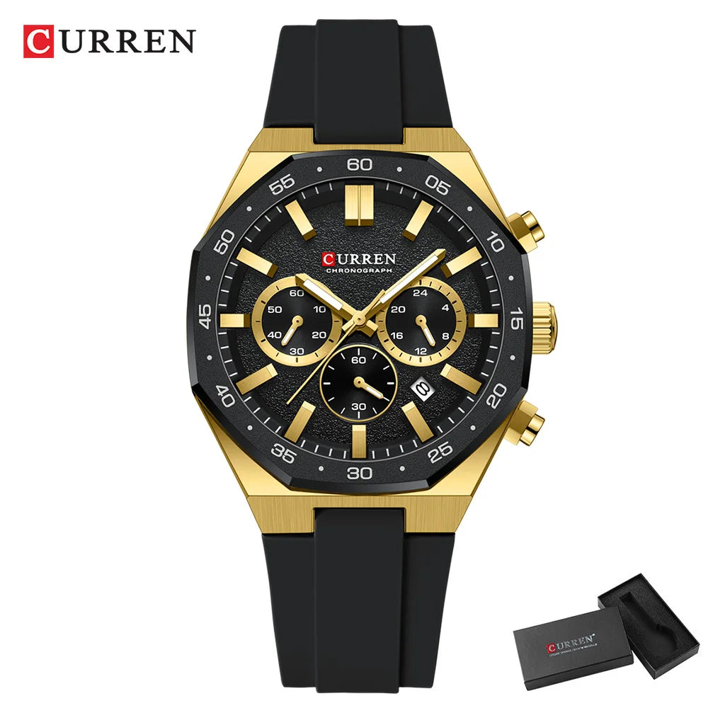 CURREN Men's Sports Chronograph Watch with Silicone Strap Multifunction Dial with Date Luminous Hands Casual Quartz Wristwatch