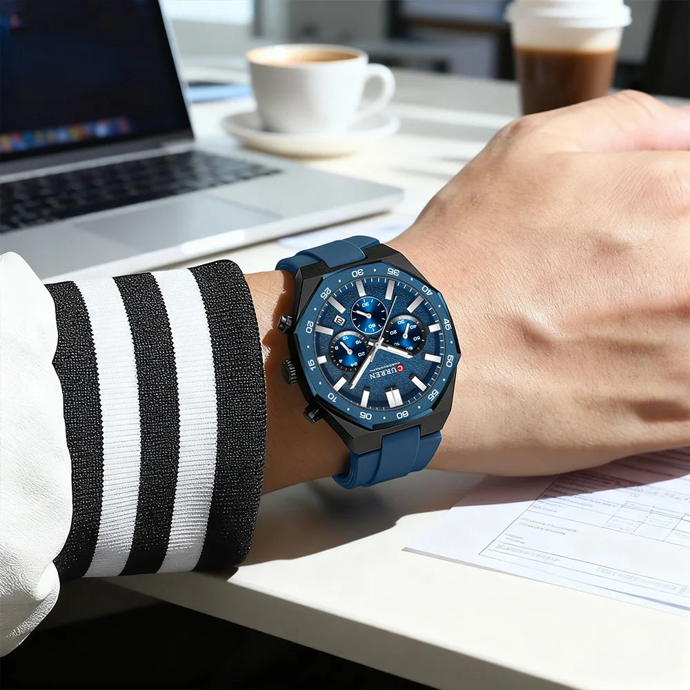 CURREN Men's Sports Chronograph Watch with Silicone Strap Multifunction Dial with Date Luminous Hands Casual Quartz Wristwatch