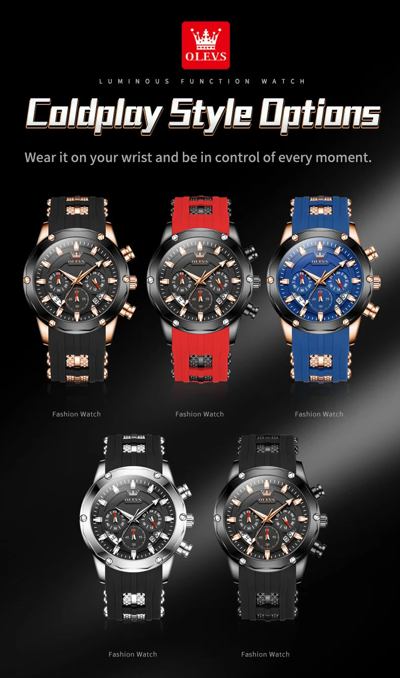 OLEVS Man Watch Original Silicone Strap Multifunction Quartz Wrist Watch for Men Fashion Chronograph Sport Waterproof Watch 9991