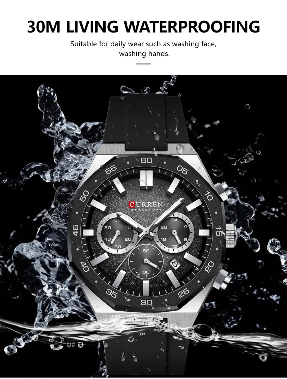 CURREN Men's Sports Chronograph Watch with Silicone Strap Multifunction Dial with Date Luminous Hands Casual Quartz Wristwatch