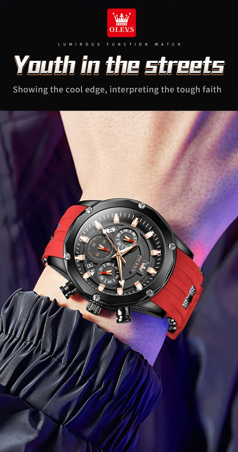 OLEVS Man Watch Original Silicone Strap Multifunction Quartz Wrist Watch for Men Fashion Chronograph Sport Waterproof Watch 9991
