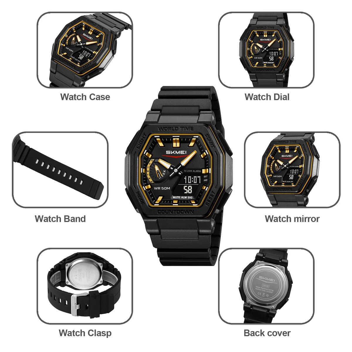 SKMEI 2438 Business Original Quartz Digital Dual Sports Military Watch Men's Electronic Watch LED Digital Watches reloj hombre