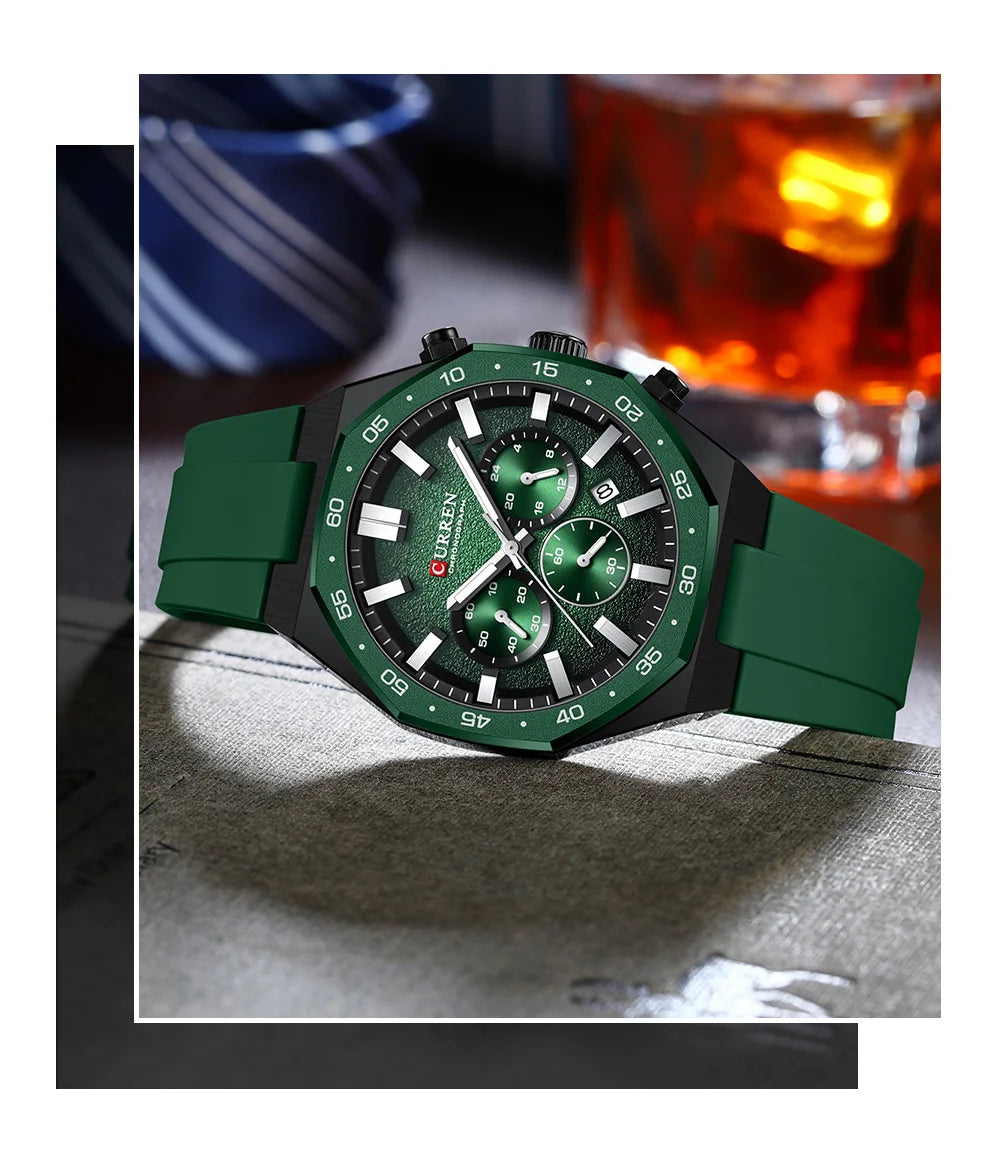 CURREN Men's Sports Chronograph Watch with Silicone Strap Multifunction Dial with Date Luminous Hands Casual Quartz Wristwatch