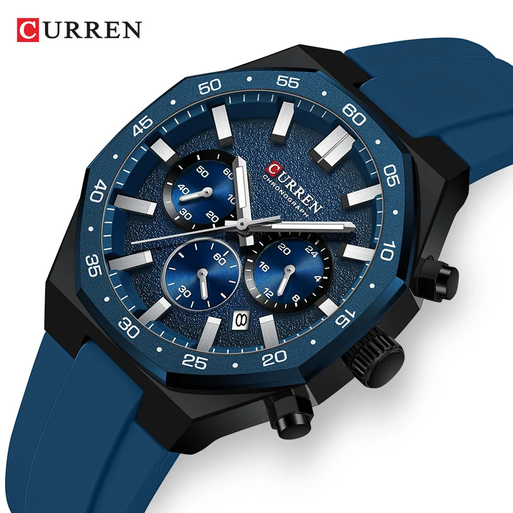 CURREN Men's Sports Chronograph Watch with Silicone Strap Multifunction Dial with Date Luminous Hands Casual Quartz Wristwatch