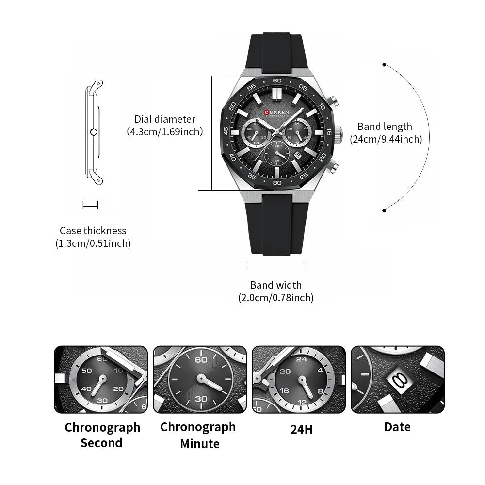 CURREN Men's Sports Chronograph Watch with Silicone Strap Multifunction Dial with Date Luminous Hands Casual Quartz Wristwatch