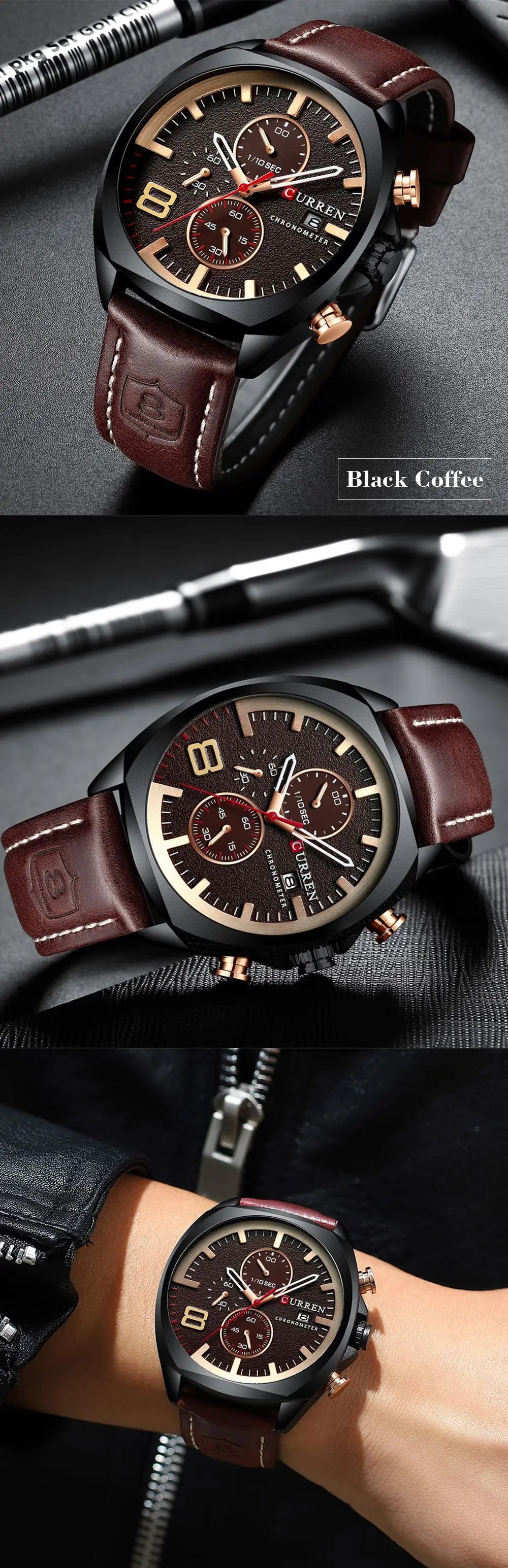 CURREN 8324 Classic Quartz Watch Round Waterproof Leather-strap Watch, Minimalist Six-hand Multifunctional Calendar Watch