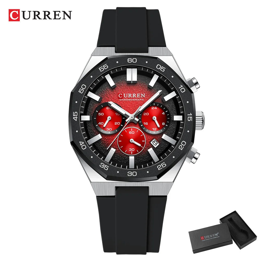 CURREN Men's Sports Chronograph Watch with Silicone Strap Multifunction Dial with Date Luminous Hands Casual Quartz Wristwatch