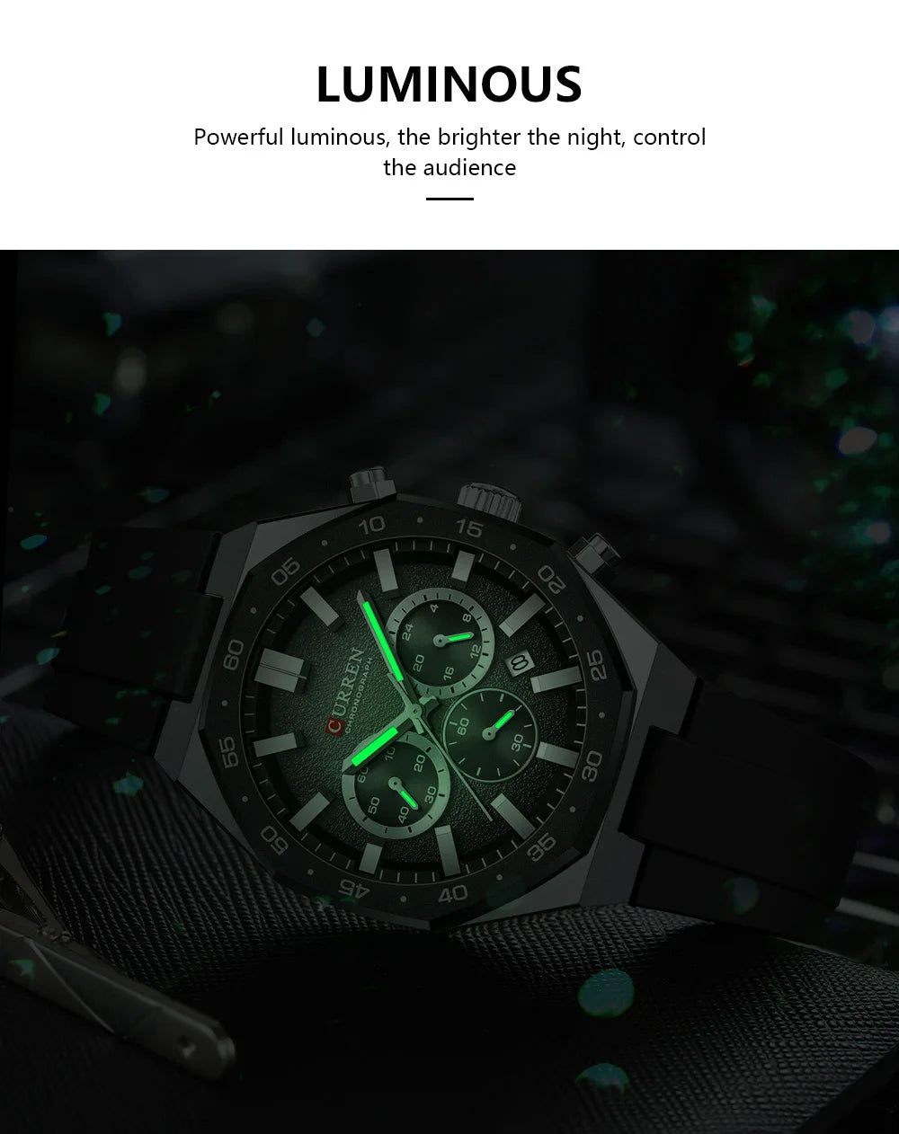 CURREN Men's Sports Chronograph Watch with Silicone Strap Multifunction Dial with Date Luminous Hands Casual Quartz Wristwatch