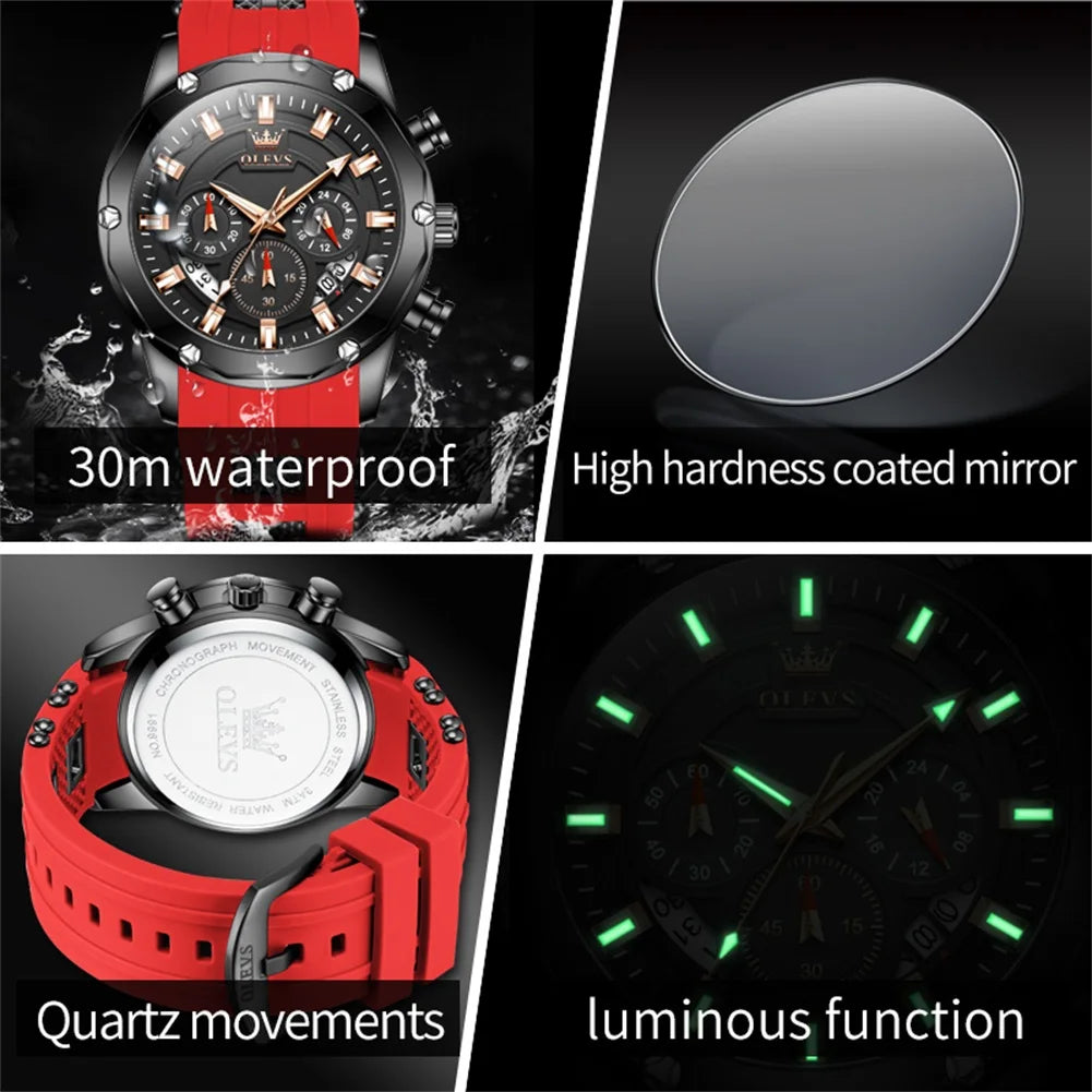 OLEVS Man Watch Original Silicone Strap Multifunction Quartz Wrist Watch for Men Fashion Chronograph Sport Waterproof Watch 9991