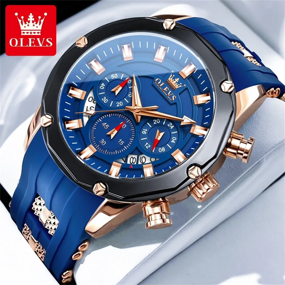 OLEVS Man Watch Original Silicone Strap Multifunction Quartz Wrist Watch for Men Fashion Chronograph Sport Waterproof Watch 9991