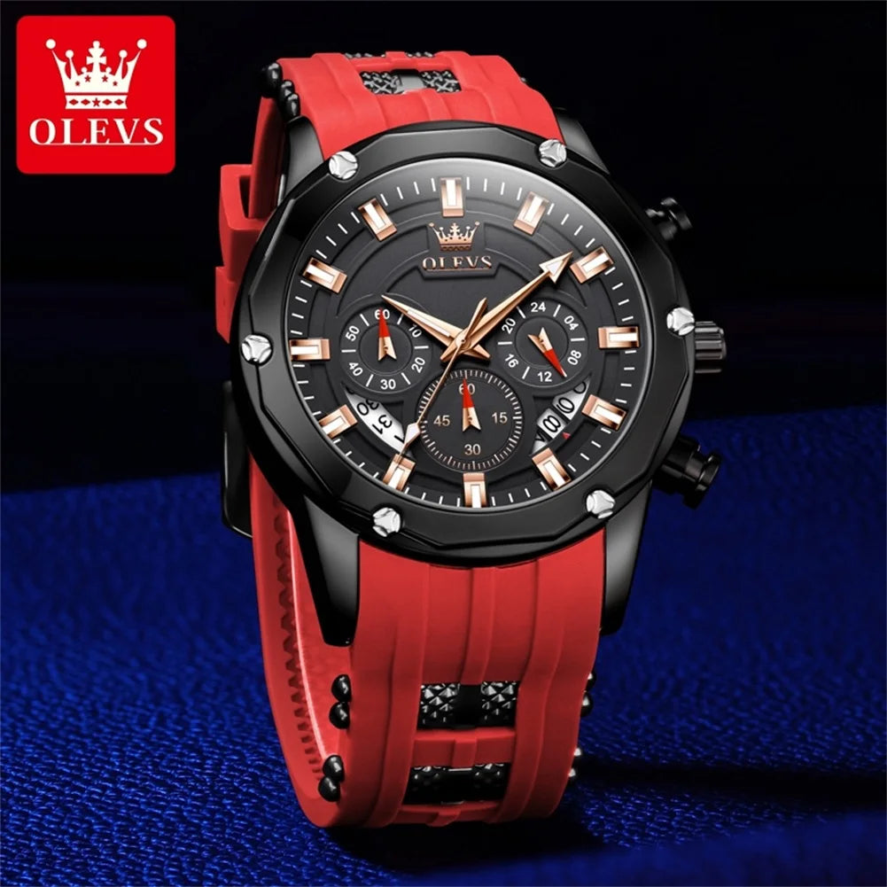 OLEVS Man Watch Original Silicone Strap Multifunction Quartz Wrist Watch for Men Fashion Chronograph Sport Waterproof Watch 9991