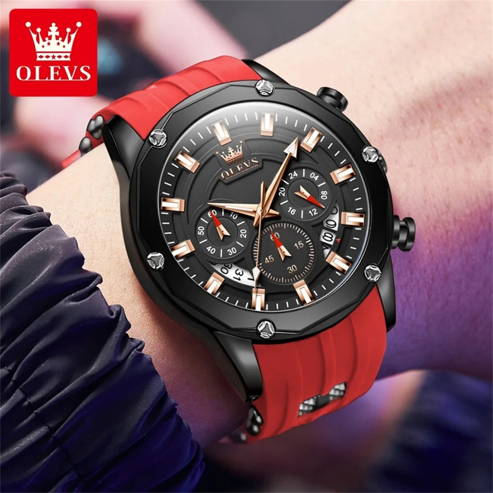 OLEVS Man Watch Original Silicone Strap Multifunction Quartz Wrist Watch for Men Fashion Chronograph Sport Waterproof Watch 9991