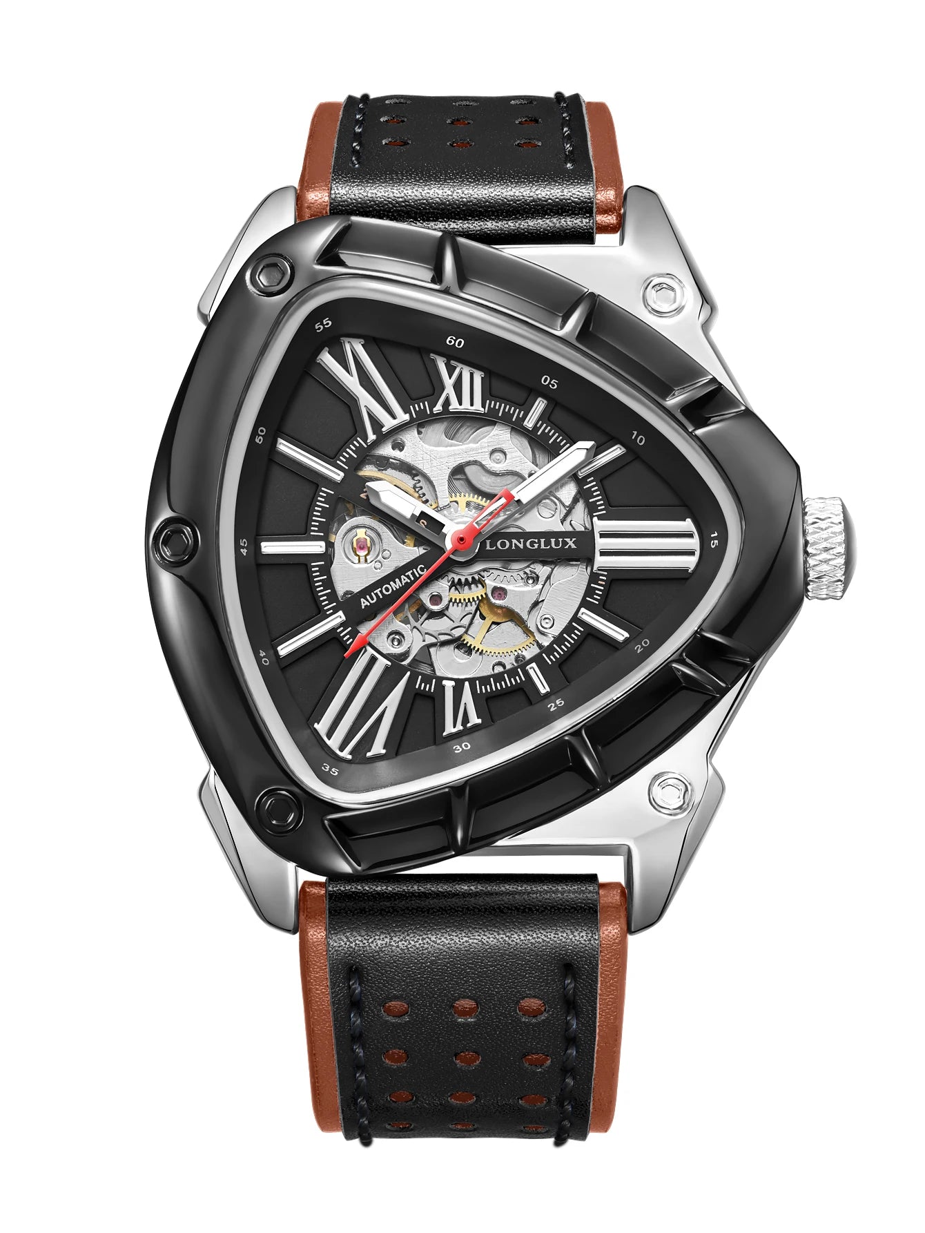 Men automatic watch explore outdoors style mechanical watches retro triangle skeleton leather waterproof luminous mens watch