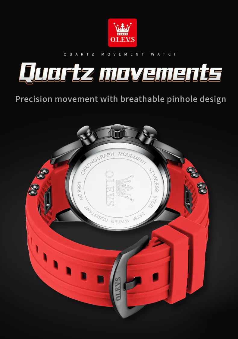 OLEVS Man Watch Original Silicone Strap Multifunction Quartz Wrist Watch for Men Fashion Chronograph Sport Waterproof Watch 9991