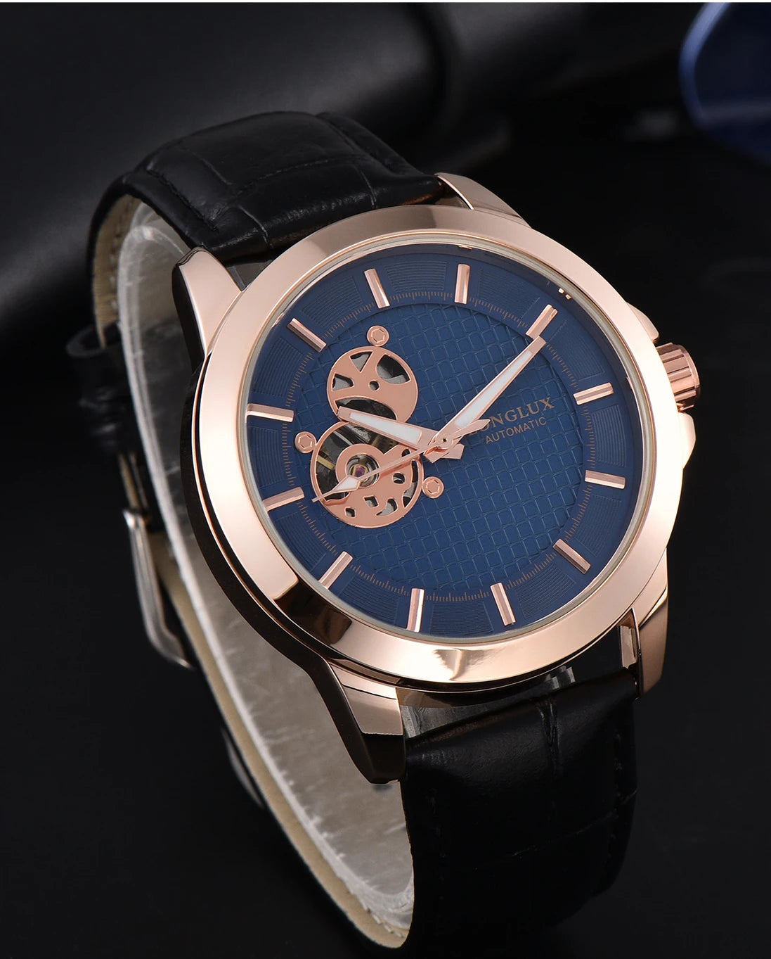 Automatic watch minimalist elegant everyday skeleton waterproof mechanical watches rose gold leather mens watch men gift for him