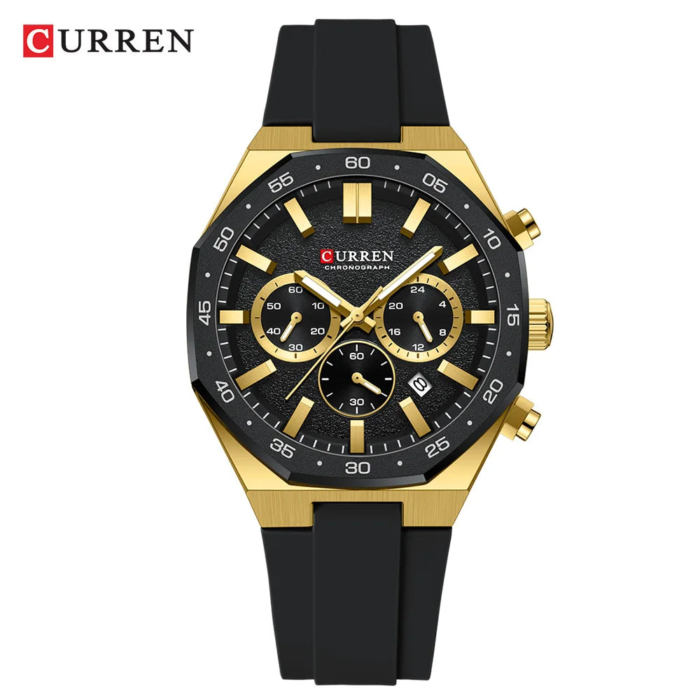 CURREN Men's Sports Chronograph Watch with Silicone Strap Multifunction Dial with Date Luminous Hands Casual Quartz Wristwatch